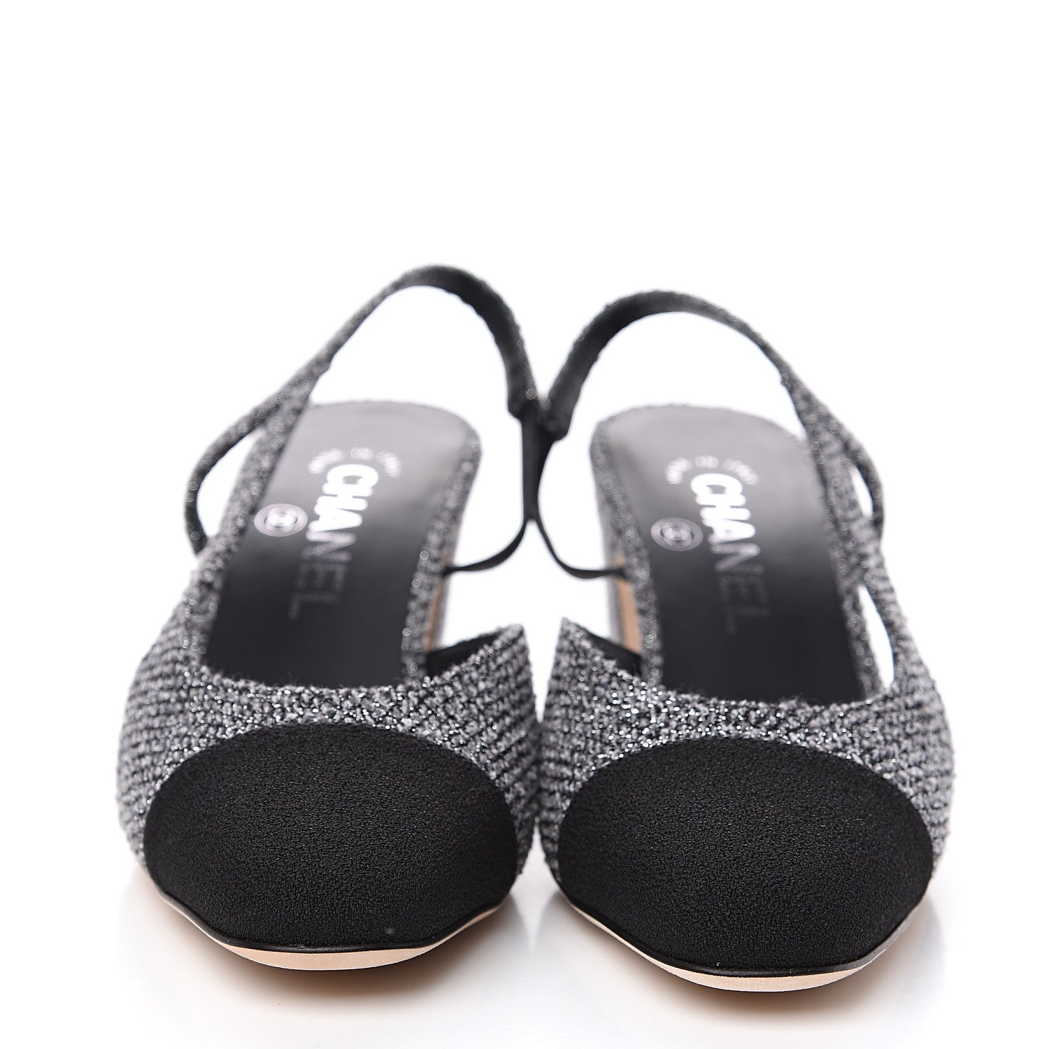 Chanel Tweed Cap Toe CC Slingback Pumps 36 Black Grey 2 of 9