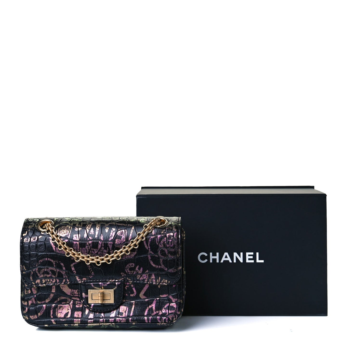 Calfskin Crocodile Embossed Graffiti 2.55 Mini Cocodile Reissue Flap Black Pink