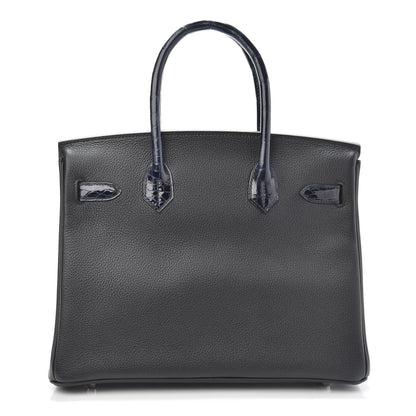 Hermes Taurillon Novillo Shiny Niloticus Crocodile Birkin Touch 30 Black Bleu Marine 3 of 29