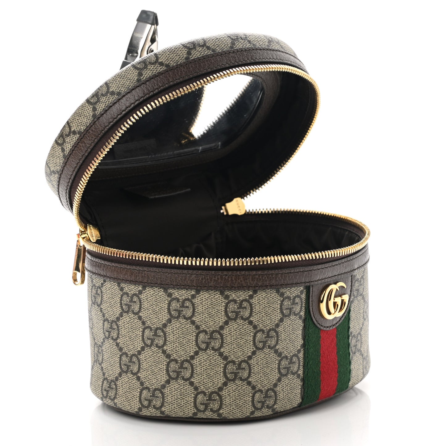 GG Supreme Monogram Textured Calfskin Web Ophidia Vanity Cosmetic Case Beige Ebony New Acero