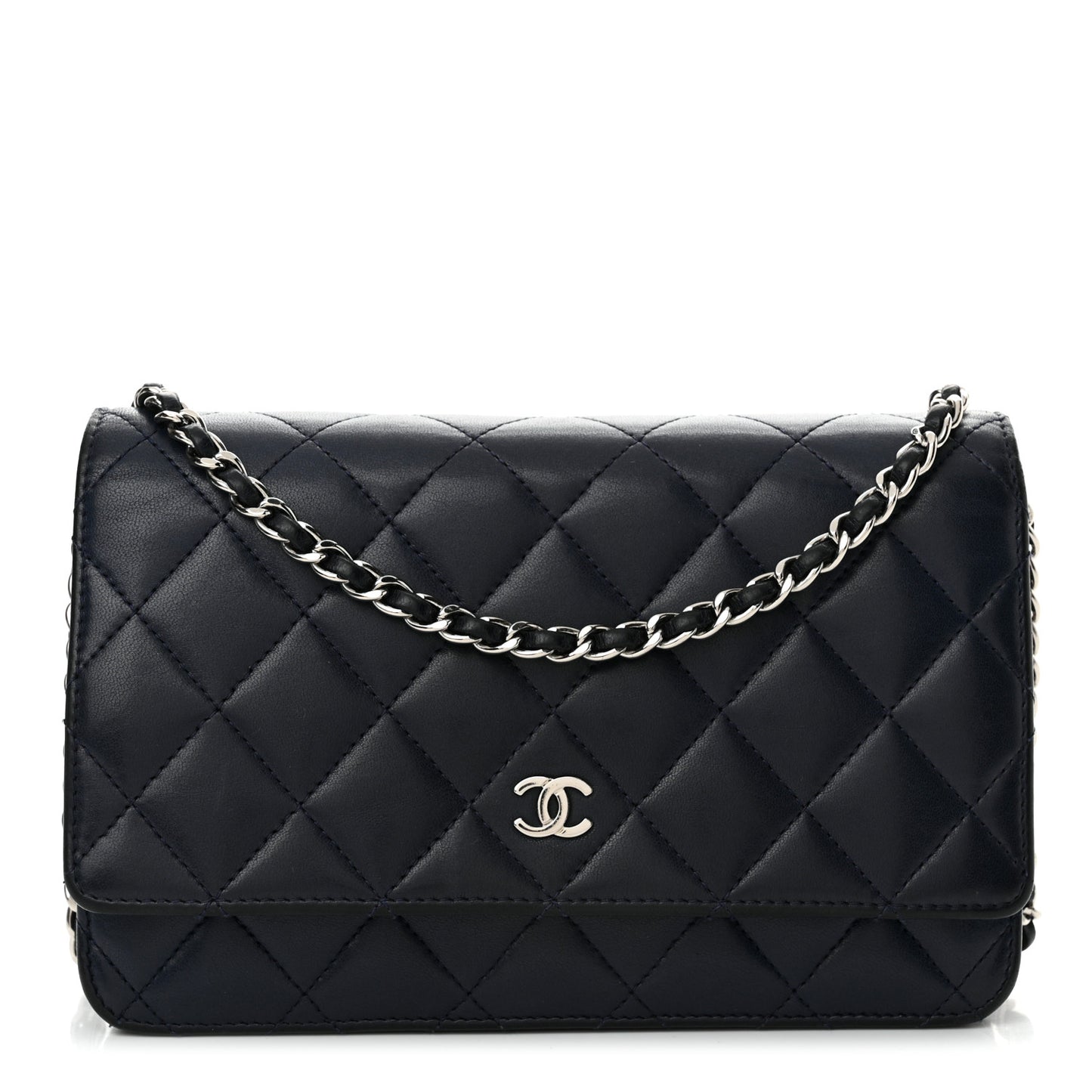 Lambskin Quilted Wallet On Chain WOC Navy Blue