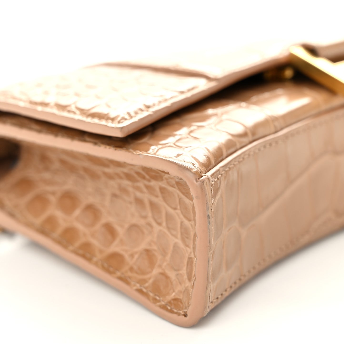 Shiny Calfskin Crocodile Embossed Hourglass Chain Bag Nude Beige