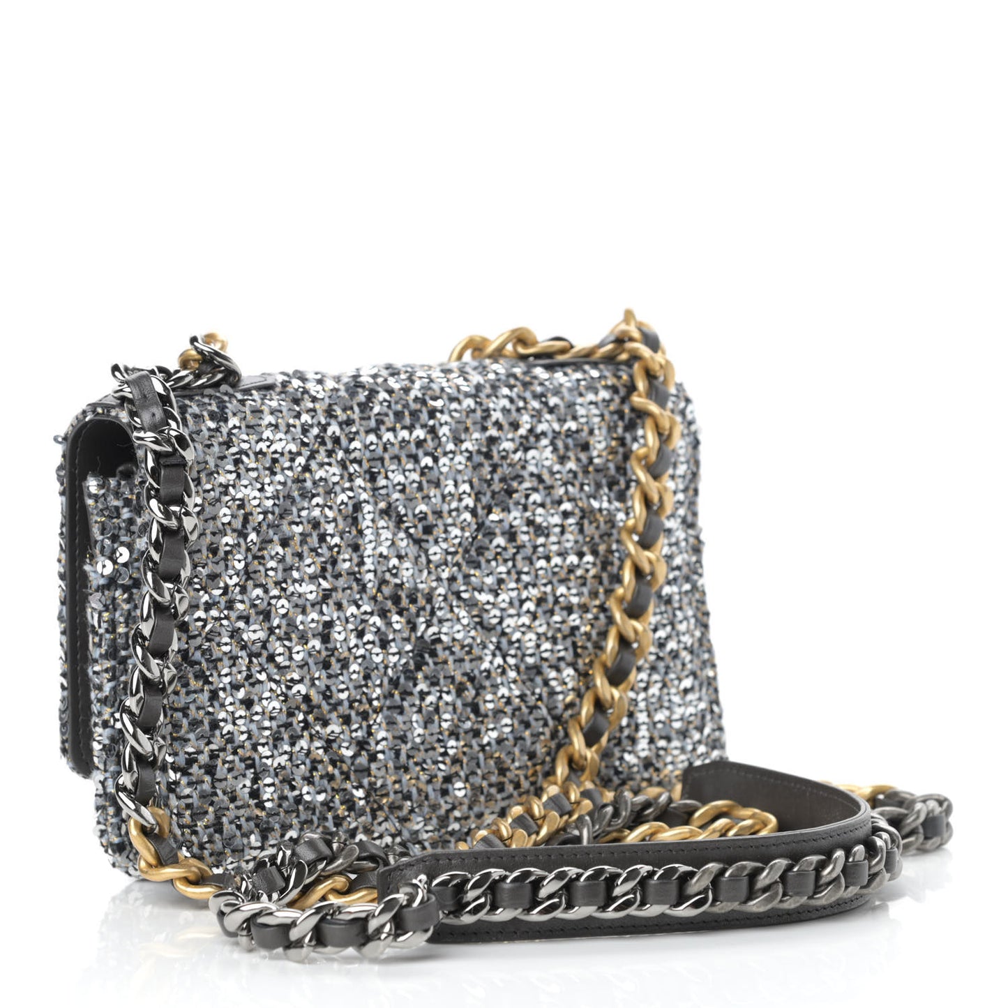 Sequin Quilted Chanel 19 Wallet On Chain WOC Silver