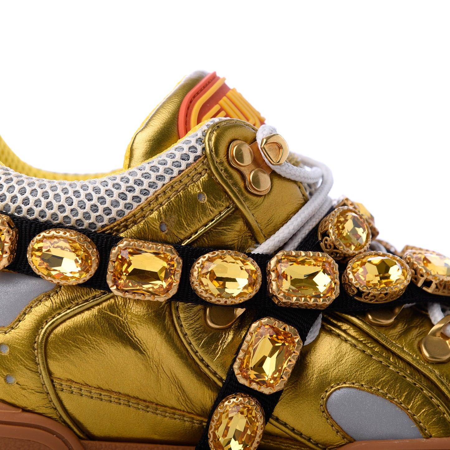 X SEGA Metallic Calfskin Mesh Removable Crystals Womens Flashtrek Sneakers 39 Oro Vecchio Mystic White Silver