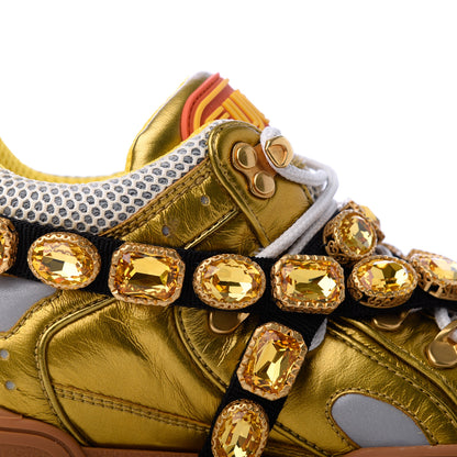 Gucci X SEGA Metallic Calfskin Mesh Removable Crystals Womens Flashtrek Sneakers 39 Oro Vecchio Mystic White Silver 10 of 19