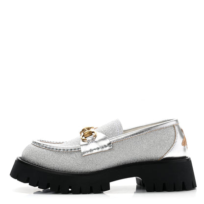 Gucci Mini Diamond Storm Silk Calfskin Womens Harald Horsebit 25mm Platform Loafers 36.5 Silver 1 of 10