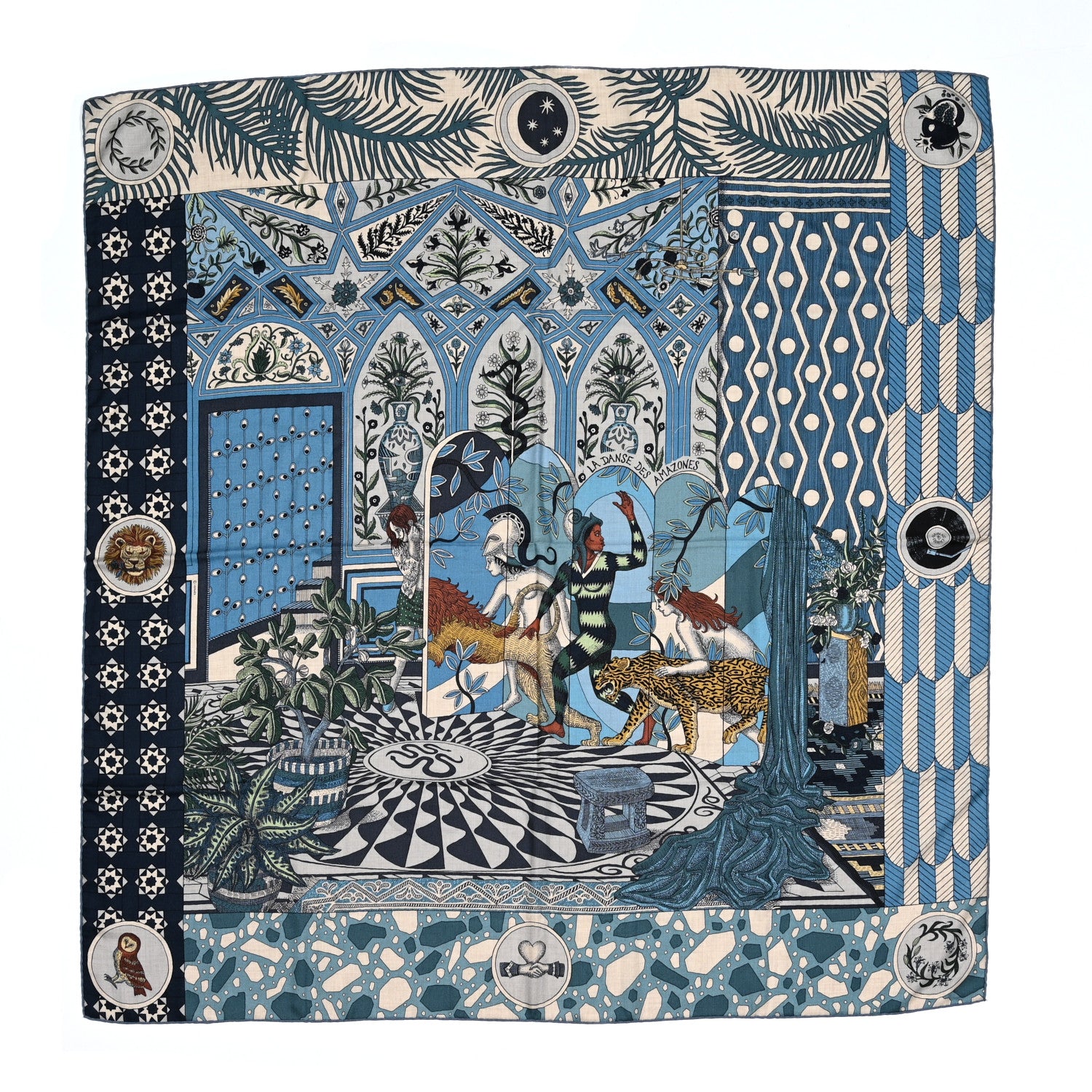 Hermes Cashmere Silk La Danse Des Amazones Shawl 140 Bleu Gris Vert 1 of 3