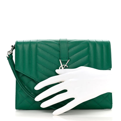 Saint Laurent SAINT LAURENT Grain De Poudre Textured Mixed Matelasse Triquilt Monogram Clutch Green Field 2 of 11