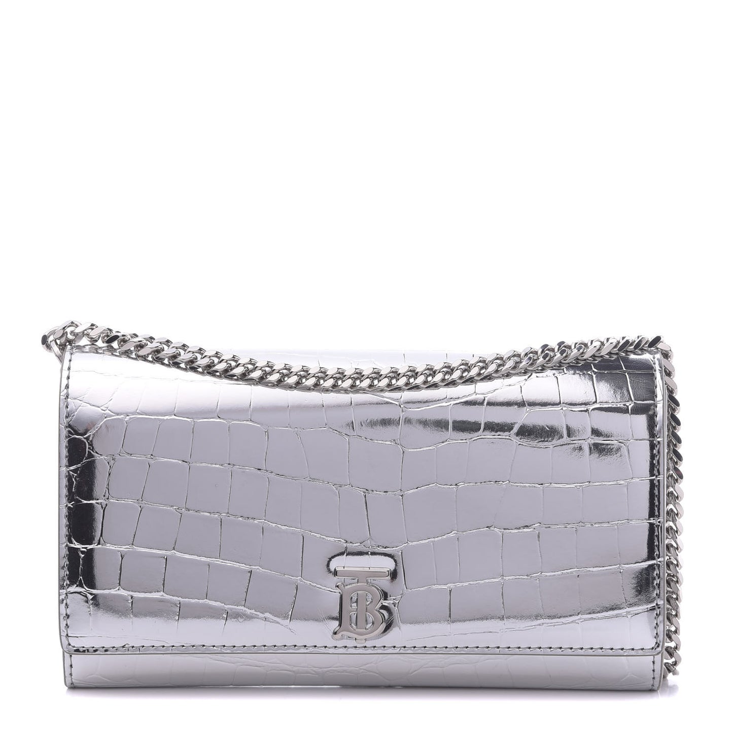 Metallic Calfskin Crocodile Embossed Hannah Wallet On Chain Silver