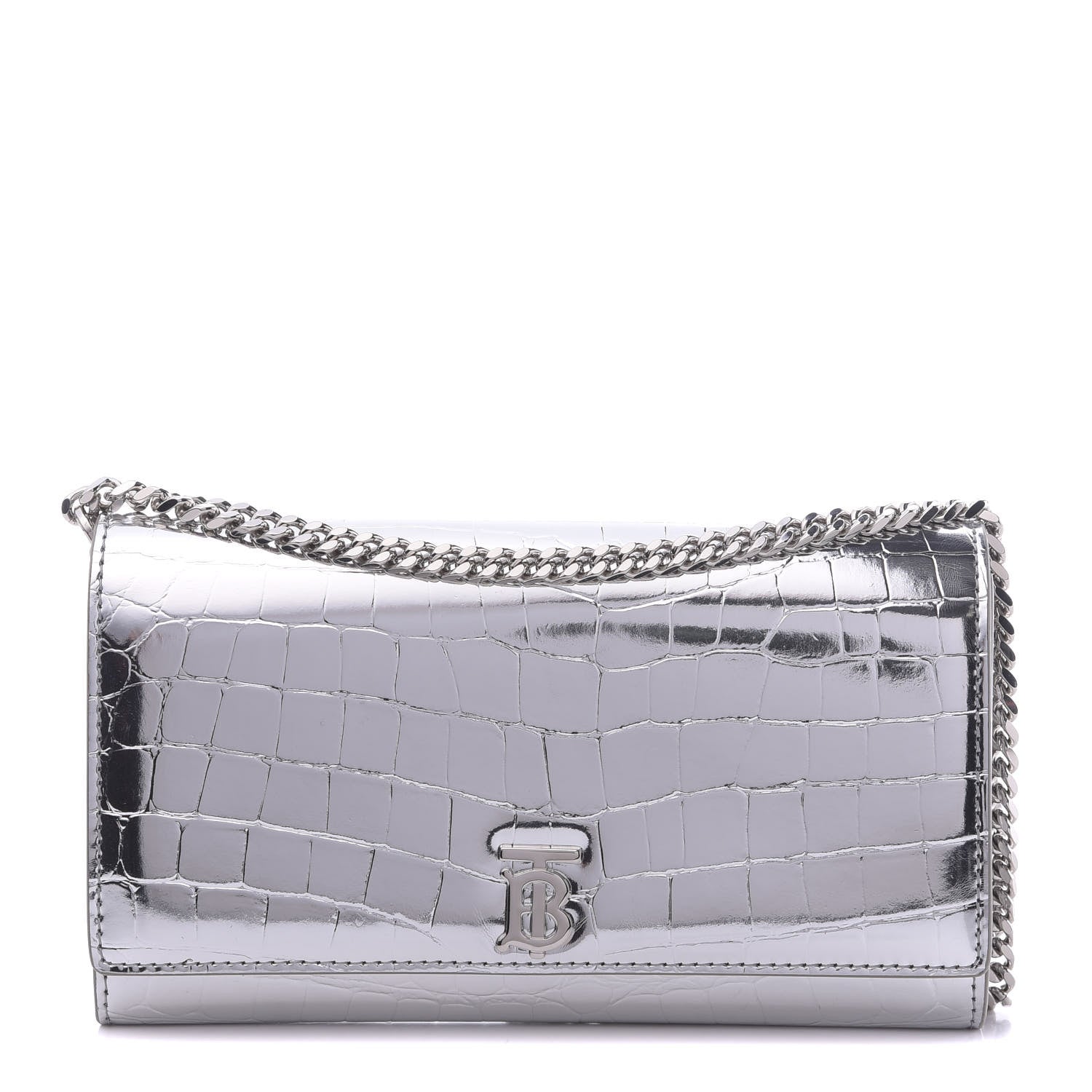 Burberry Metallic Calfskin Crocodile Embossed Hannah Wallet On Chain Silver 1 of 11