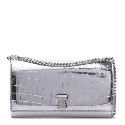 Burberry Metallic Calfskin Crocodile Embossed Hannah Wallet On Chain Silver 1 of 11