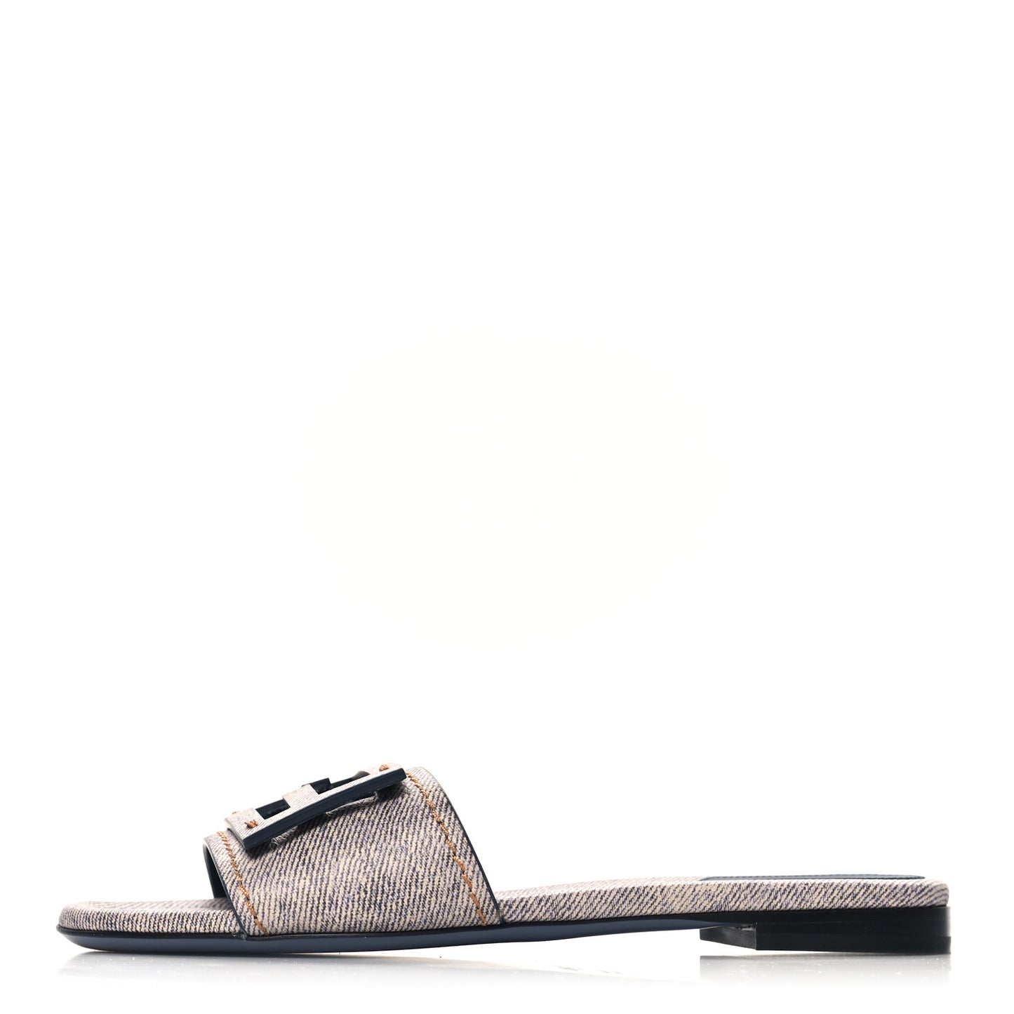 Vitello Pelle Stampa Denim Baguette Flat Slide Sandals 36 Azzurro