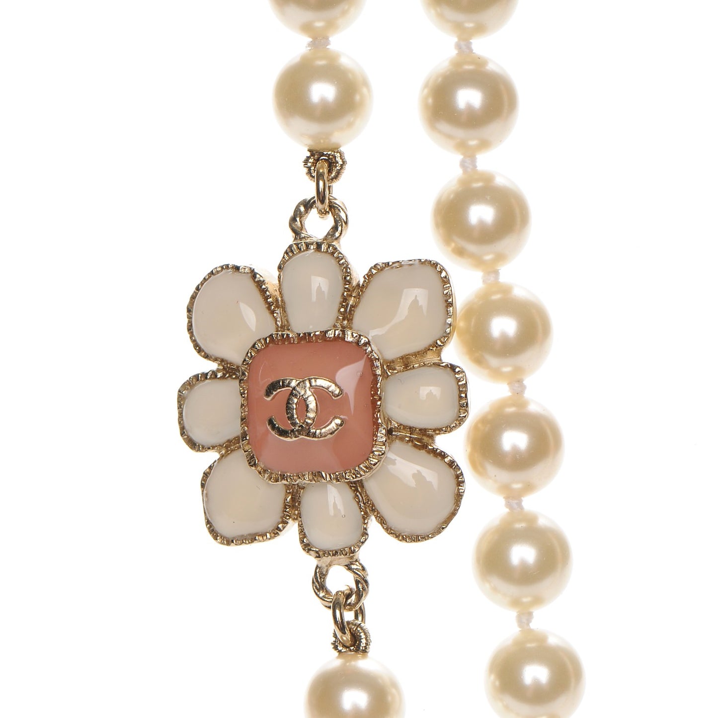 Pearl Gripoix Poured Glass CC Korean Blossom Long Necklace Pink Gold
