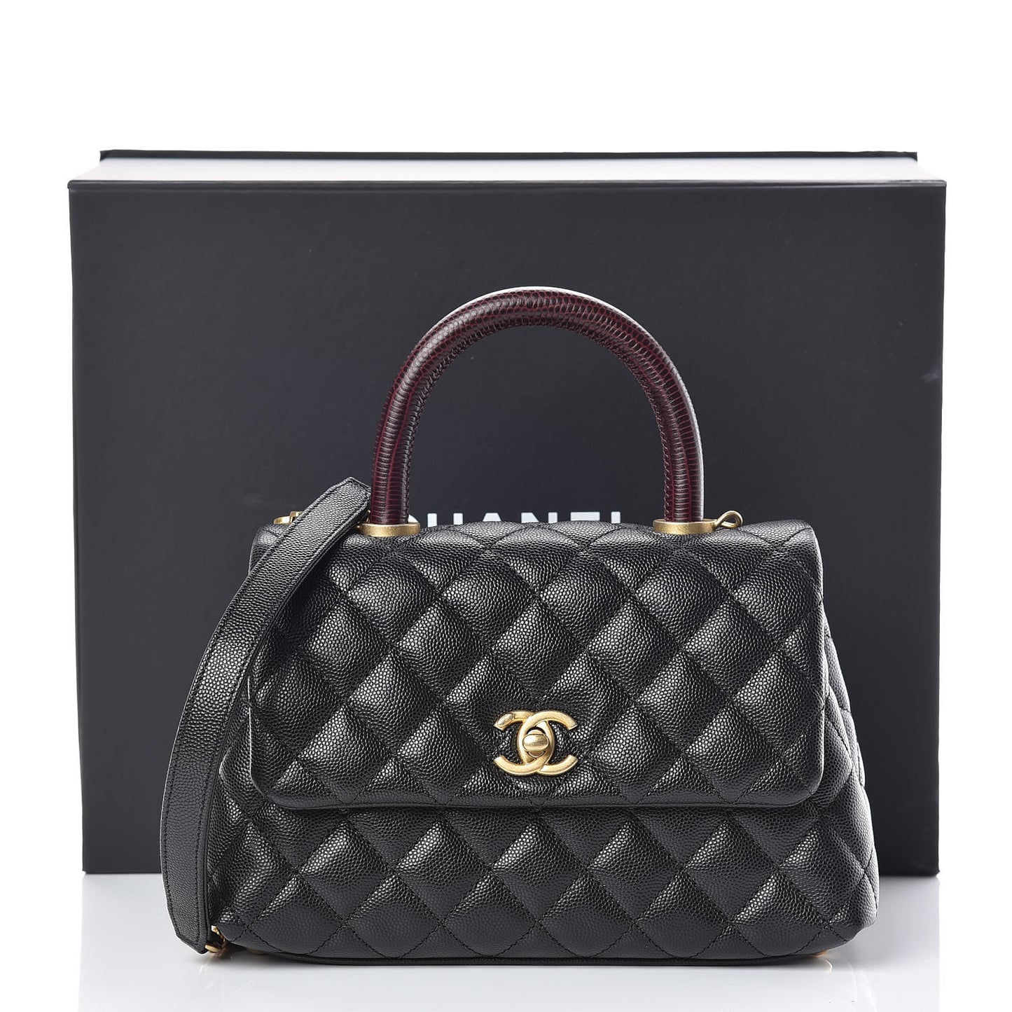 Caviar Lizard Embossed Quilted Mini Coco Handle Flap Black
