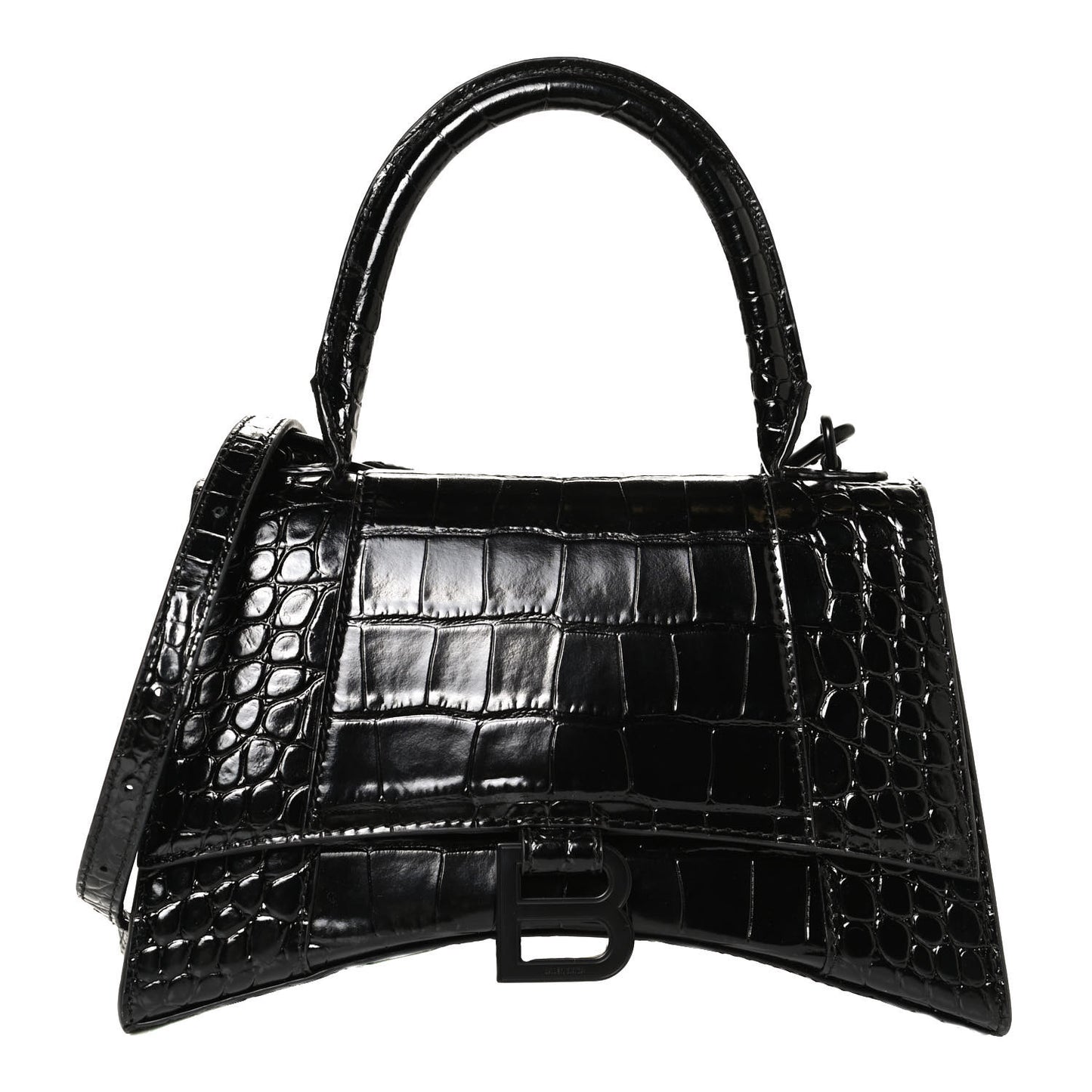 Shiny Calfskin Monochrome Crocodile Embossed Small Hourglass Top Handle Bag Black