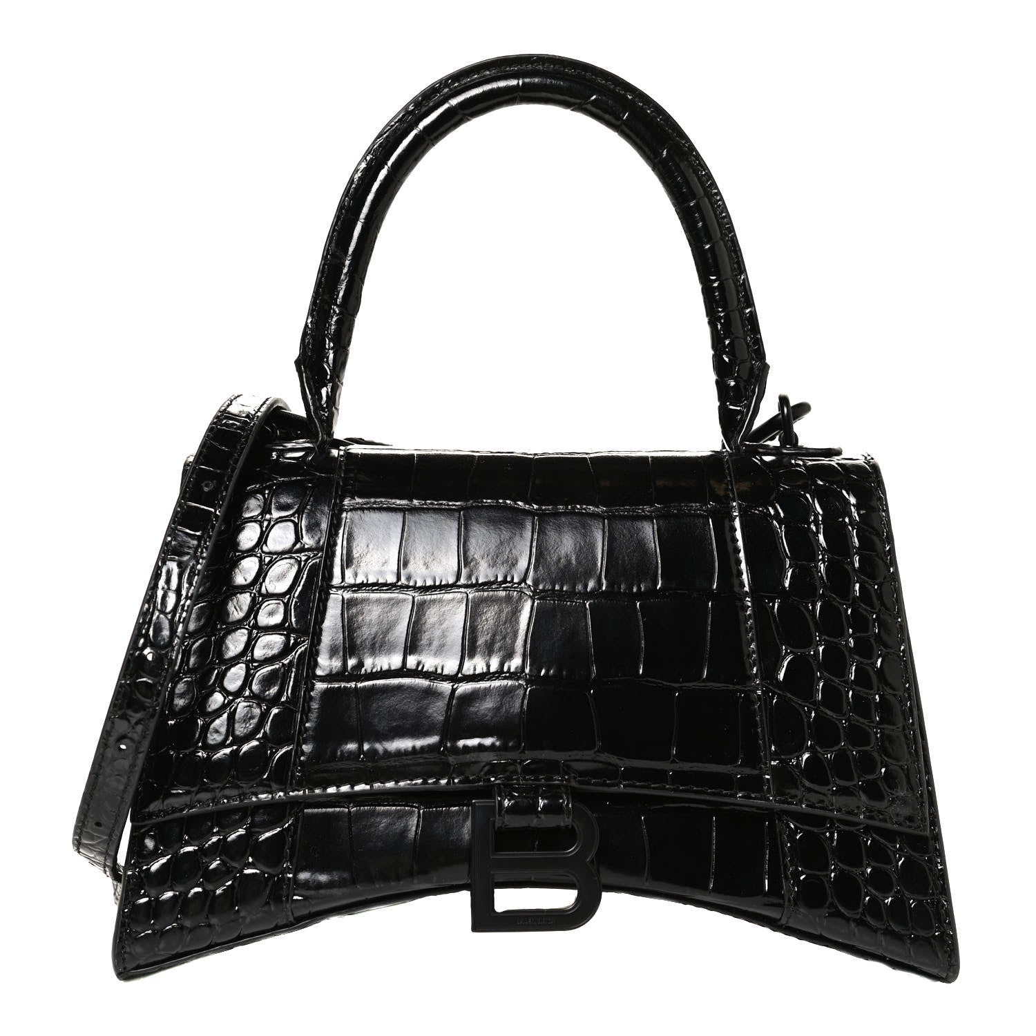 Balenciaga Shiny Calfskin Monochrome Crocodile Embossed Small Hourglass Top Handle Bag Black 1 of 10