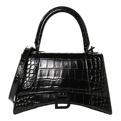 Balenciaga Shiny Calfskin Monochrome Crocodile Embossed Small Hourglass Top Handle Bag Black 1 of 10