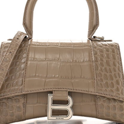 Balenciaga Shiny Calfskin Crocodile Embossed Hourglass Top Handle Bag XS Mink Grey 7 of 13