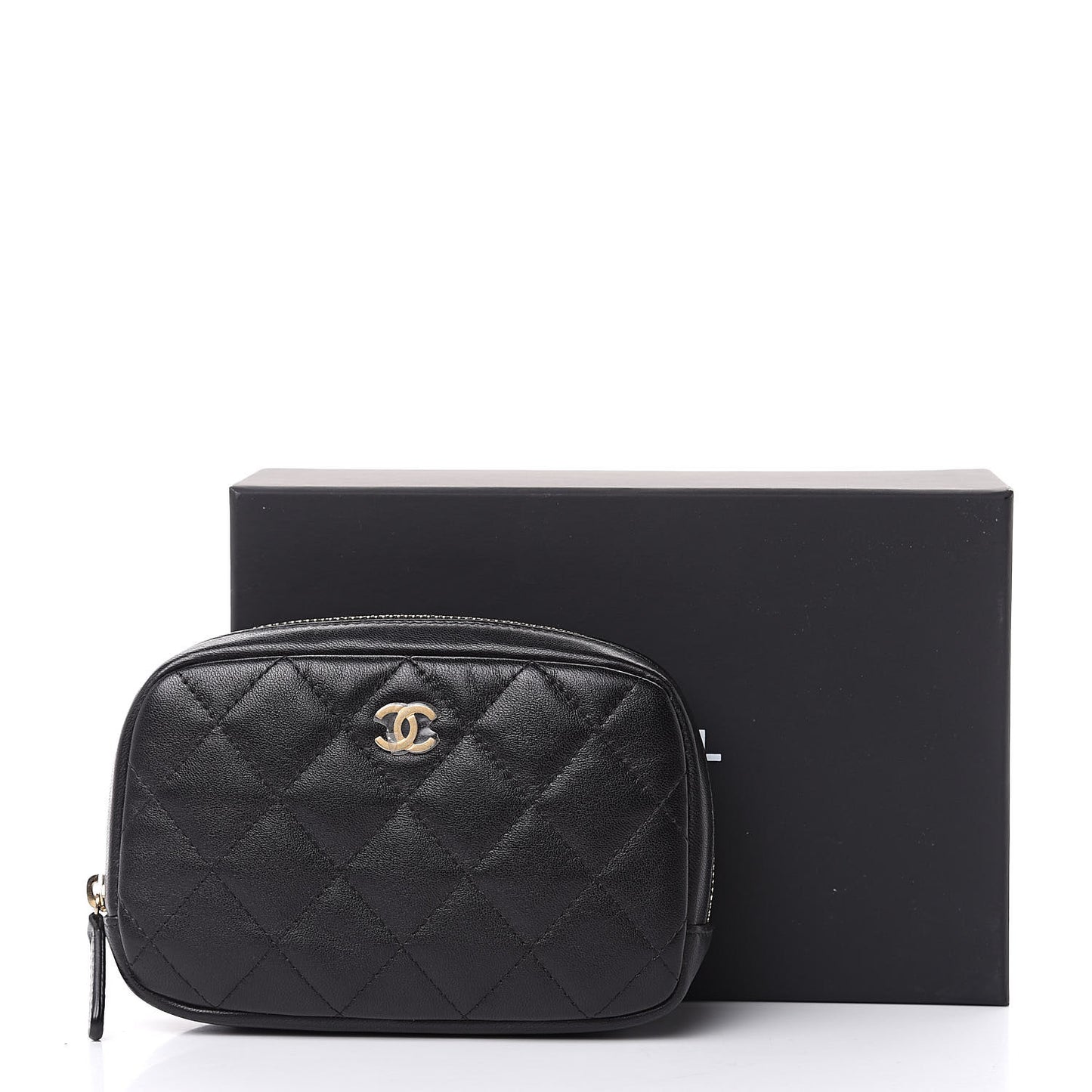 Lambskin Quilted Small Curvy Pouch Cosmetic Case Black