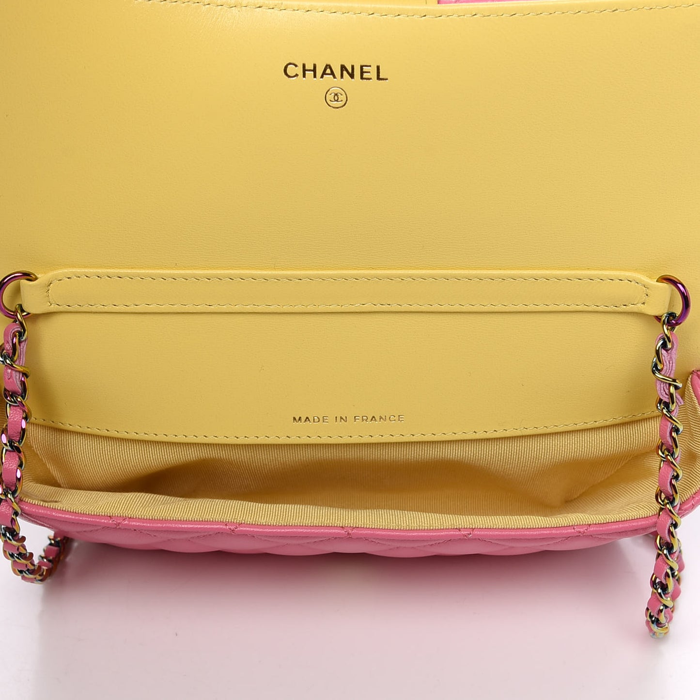 Lambskin Quilted Glasses Case With Chain Pink Yellow