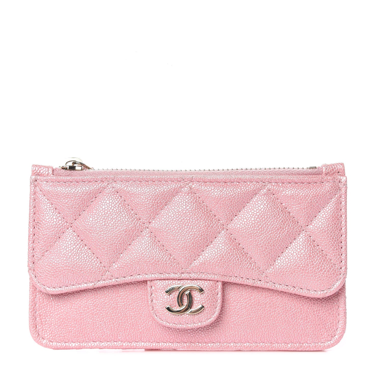 Iridescent Caviar Quilted Flap Zip Card Holder Pink