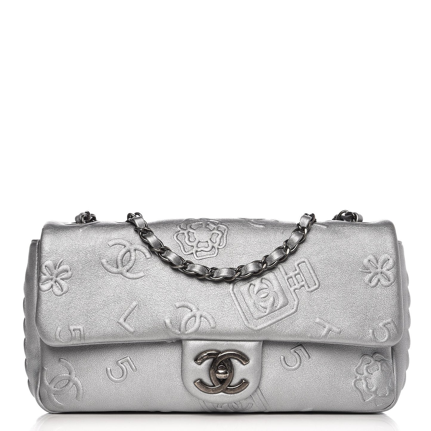 Metallic Lambskin Symbols Medium Single Flap Silver