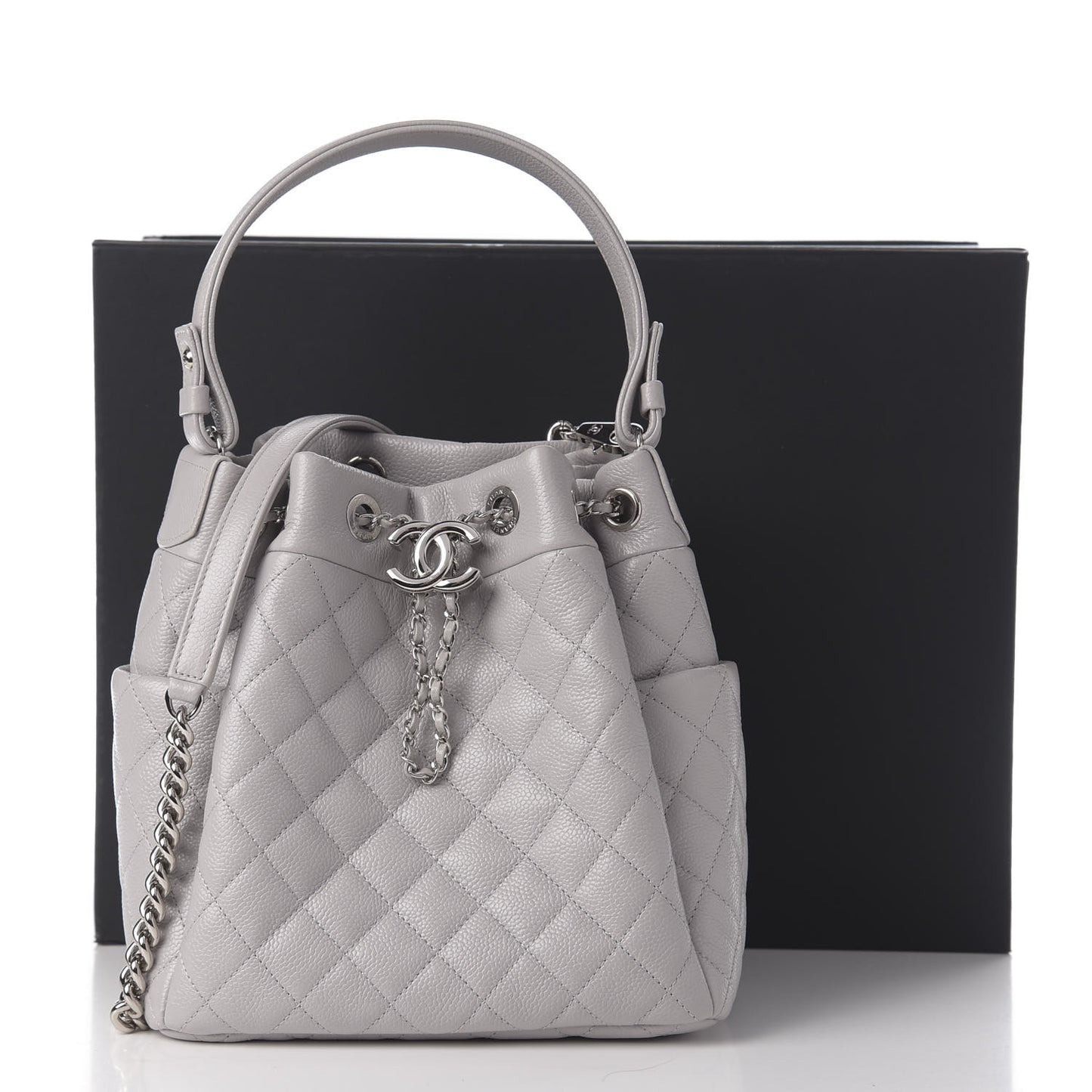 Caviar Quilted Small Chain Bucket Bag Light Gray