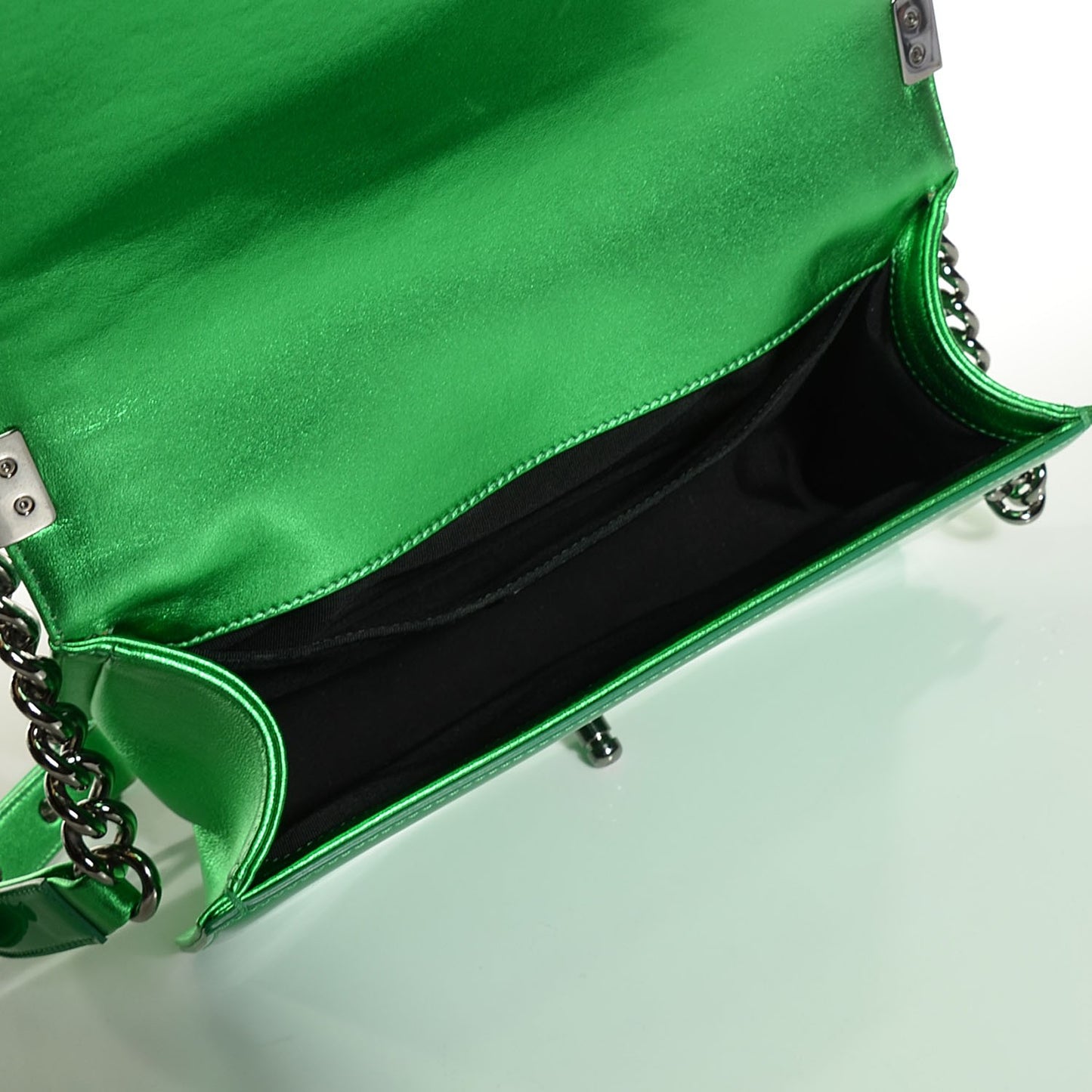 Metallic Patent Calfskin Medium Boy Flap Green