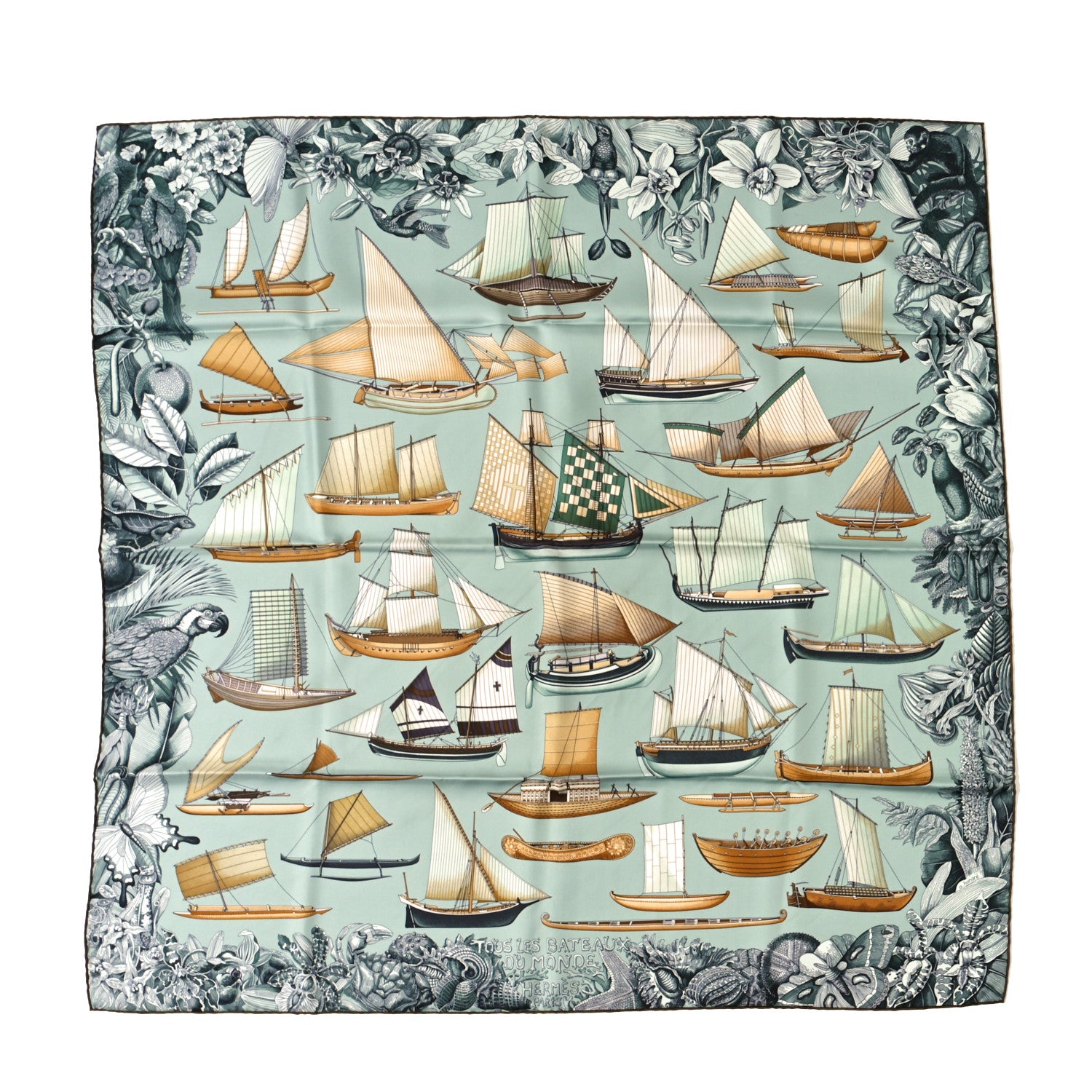 Hermes Silk Tous Les Bateaux Du Monde Scarf 90 Amande Celadon Caramel 1 of 6