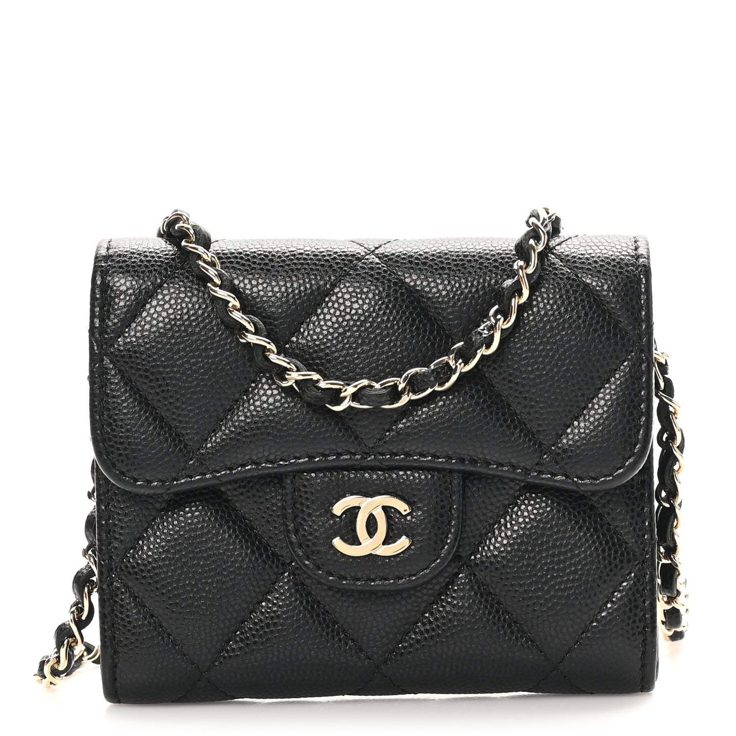 Caviar Quilted Flap Card Holder On Chain Black