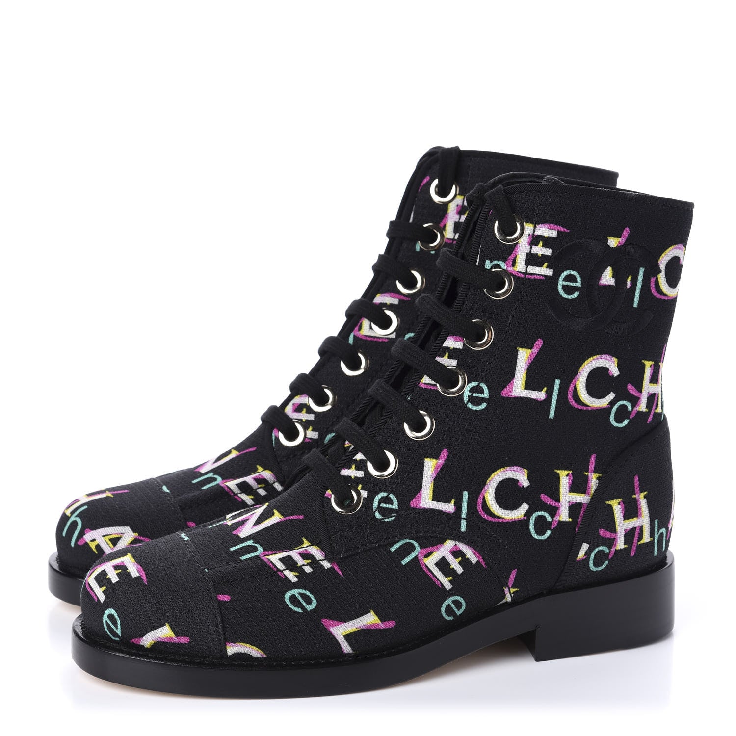 Chanel Tweed Lace Up Short Boots 35 Black Ecru Green Red 3 of 10