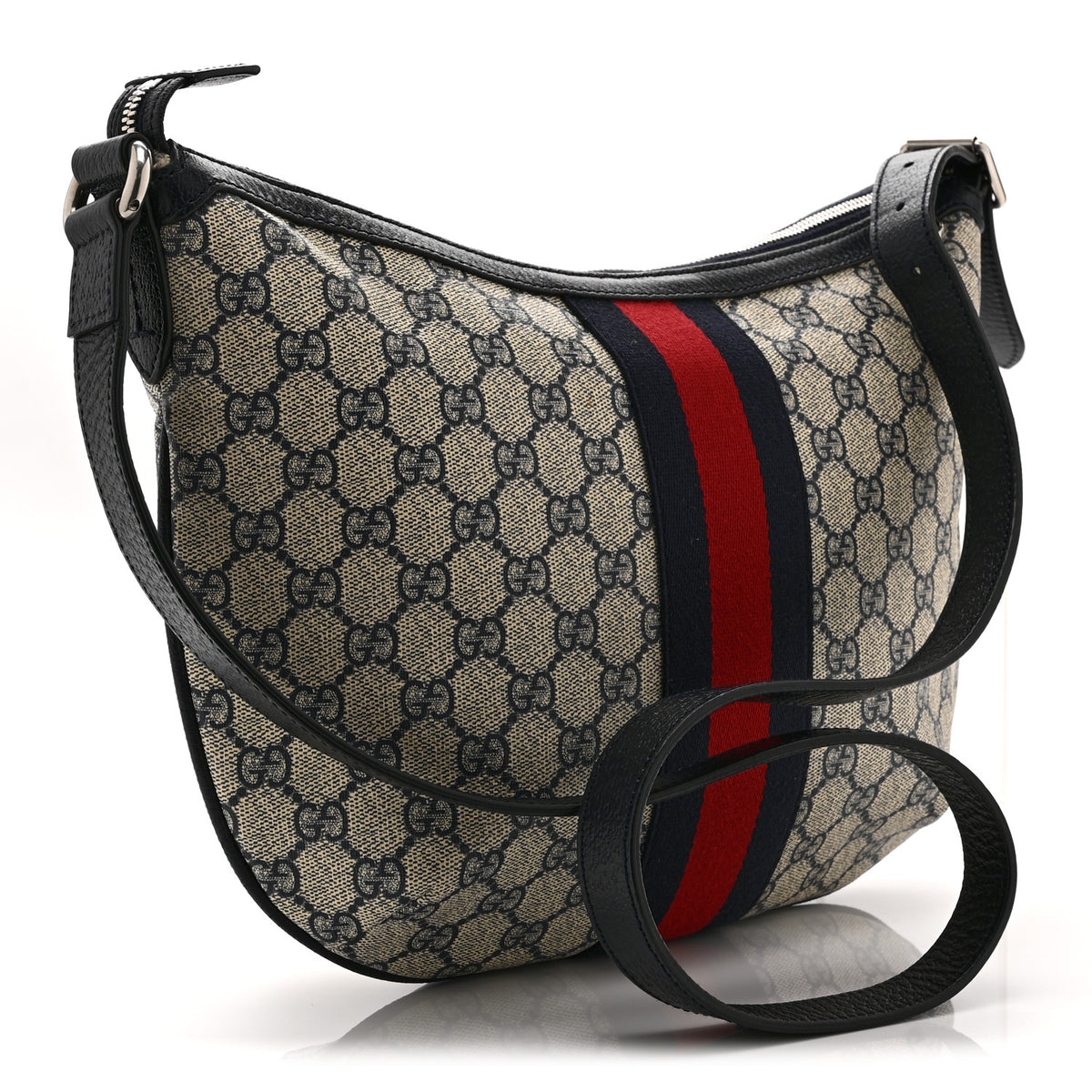 GG Supreme Monogram Textured Dollar Calfskin Web Small Ophidia Half Moon Hobo Beige Blue