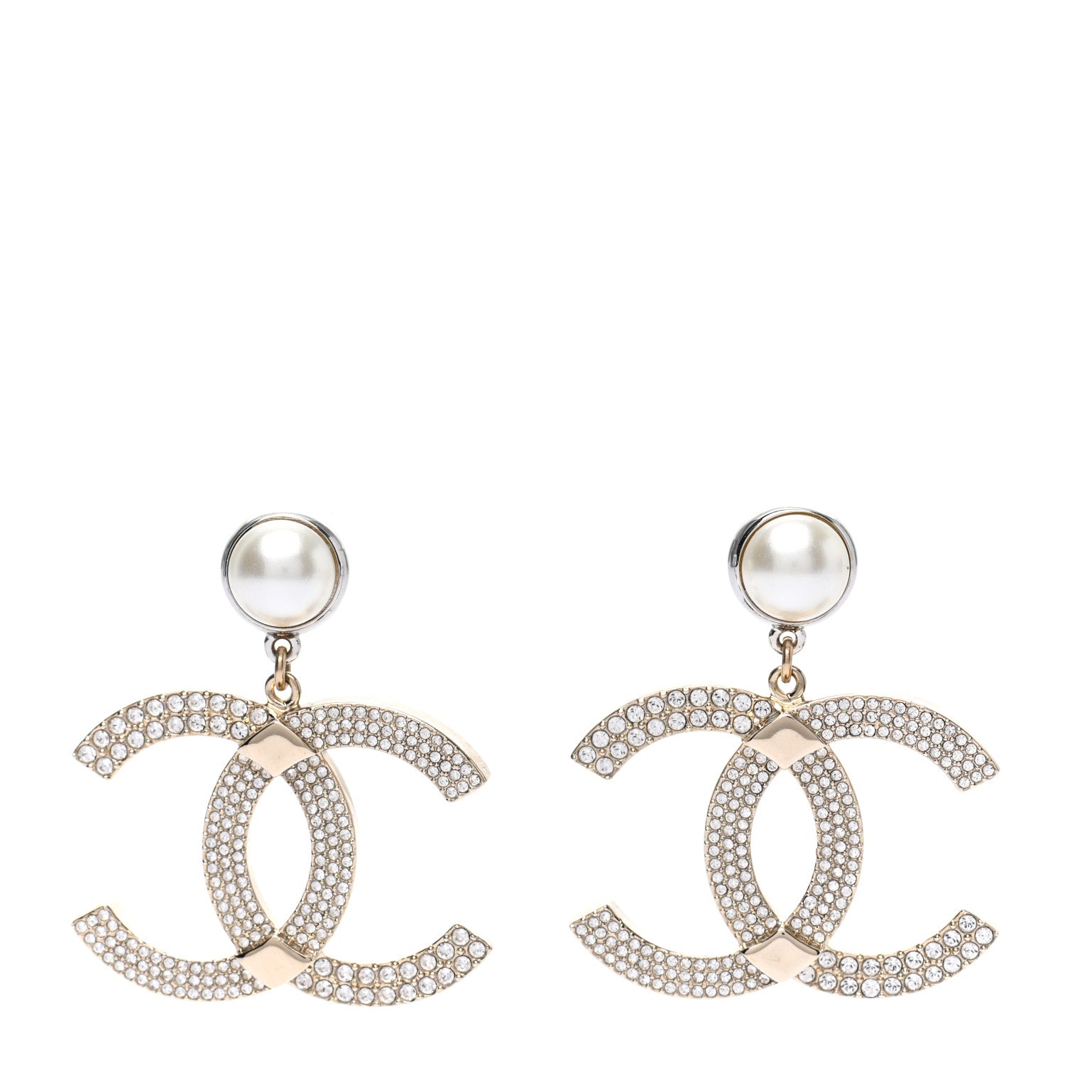 Chanel Crystal Pearl CC Drop Earrings Gold Silver 1 of 5