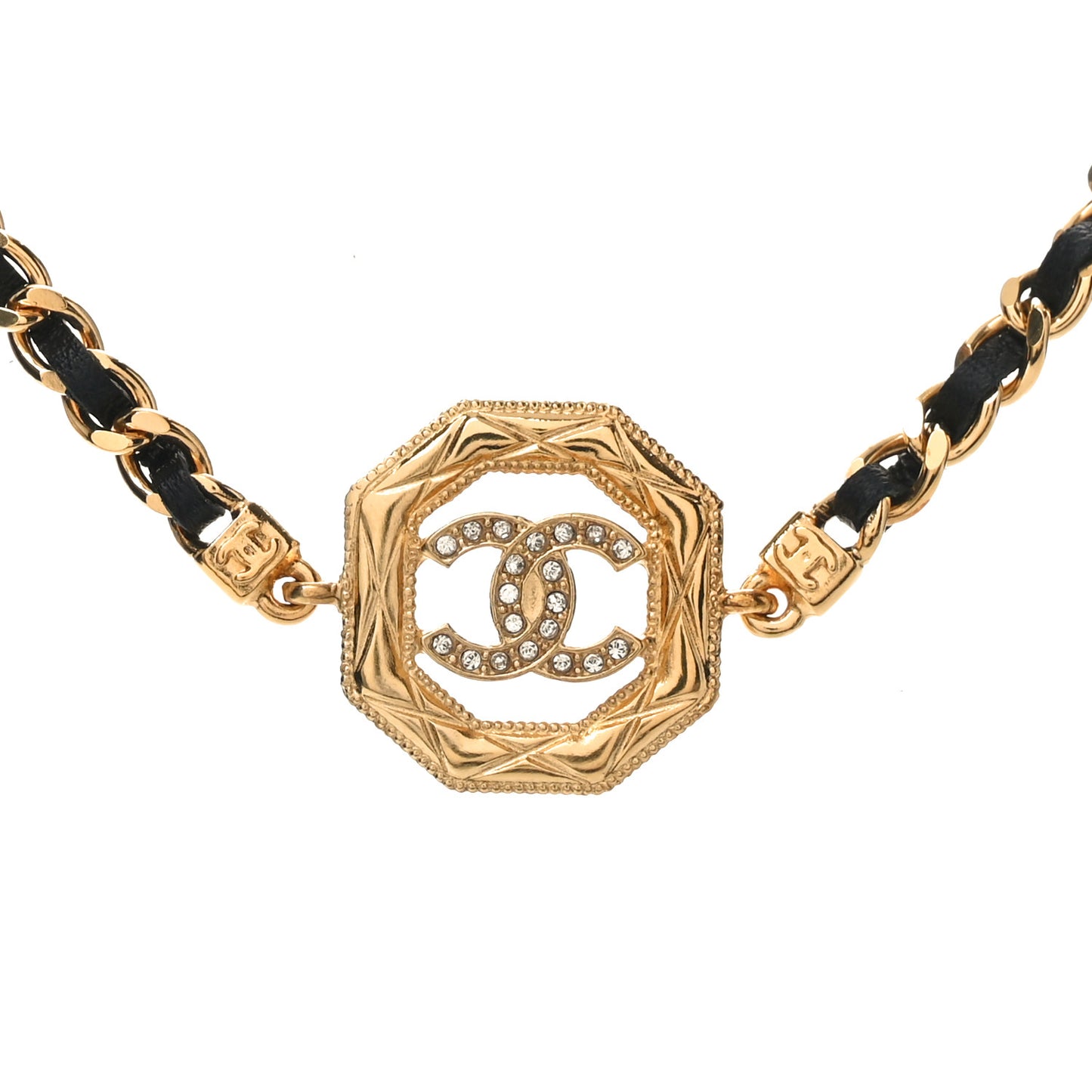 Metal Calfskin Crystal Chain CC Choker Necklace Black Gold