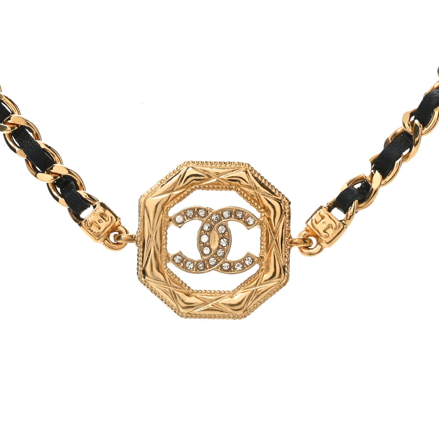 Chanel Metal Calfskin Crystal Chain CC Choker Necklace Black Gold 4 of 6
