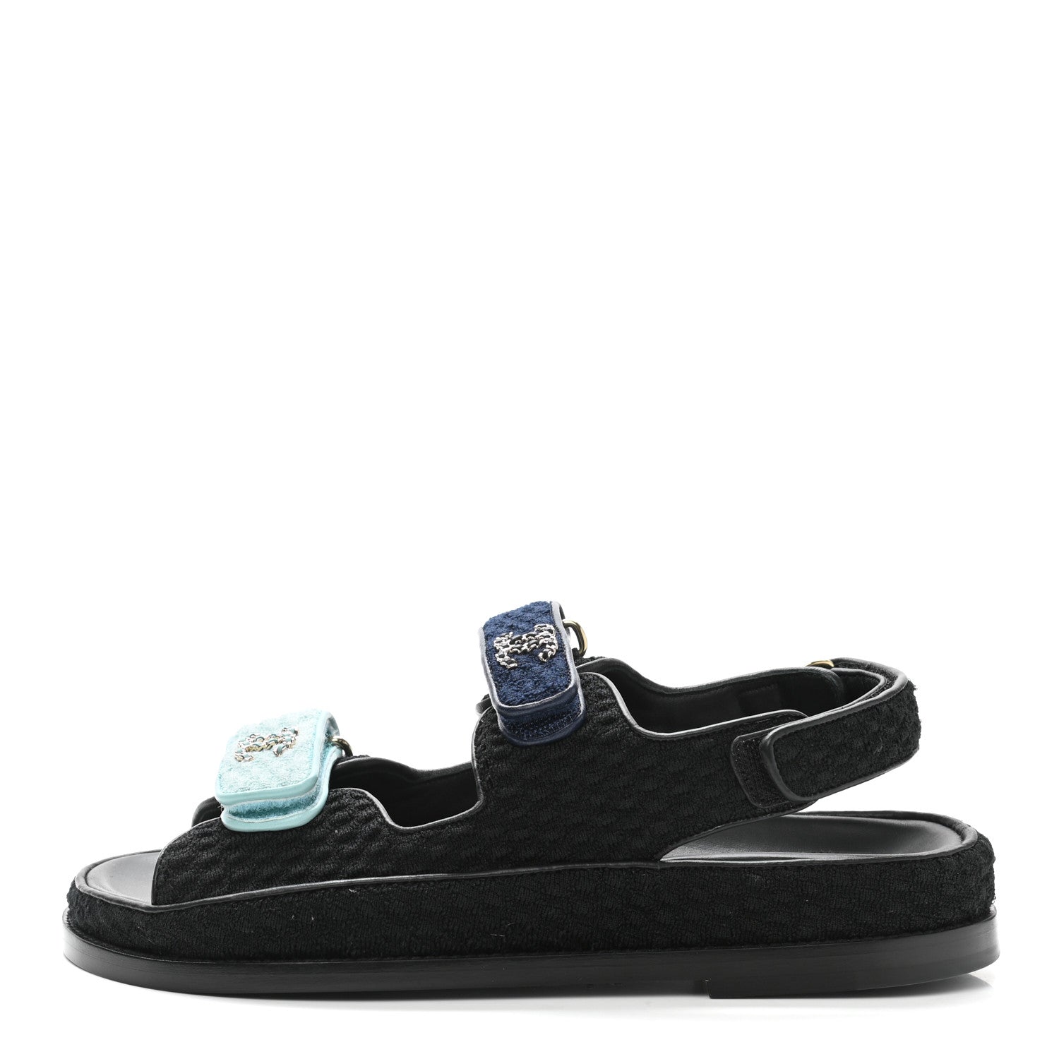 Chanel Knit Fabric Velcro Dad Sandals 37.5 Black Dark Blue Light Blue 1 of 9