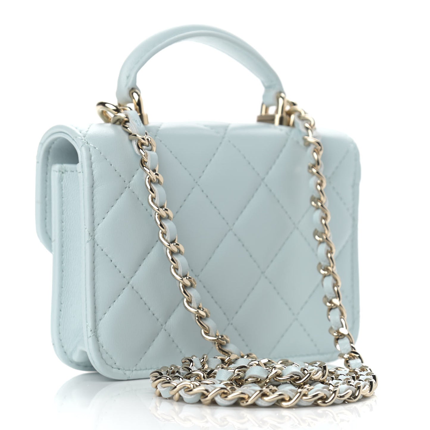 Lambskin Quilted Top Handle Flap Coin Purse With Chain Light Blue