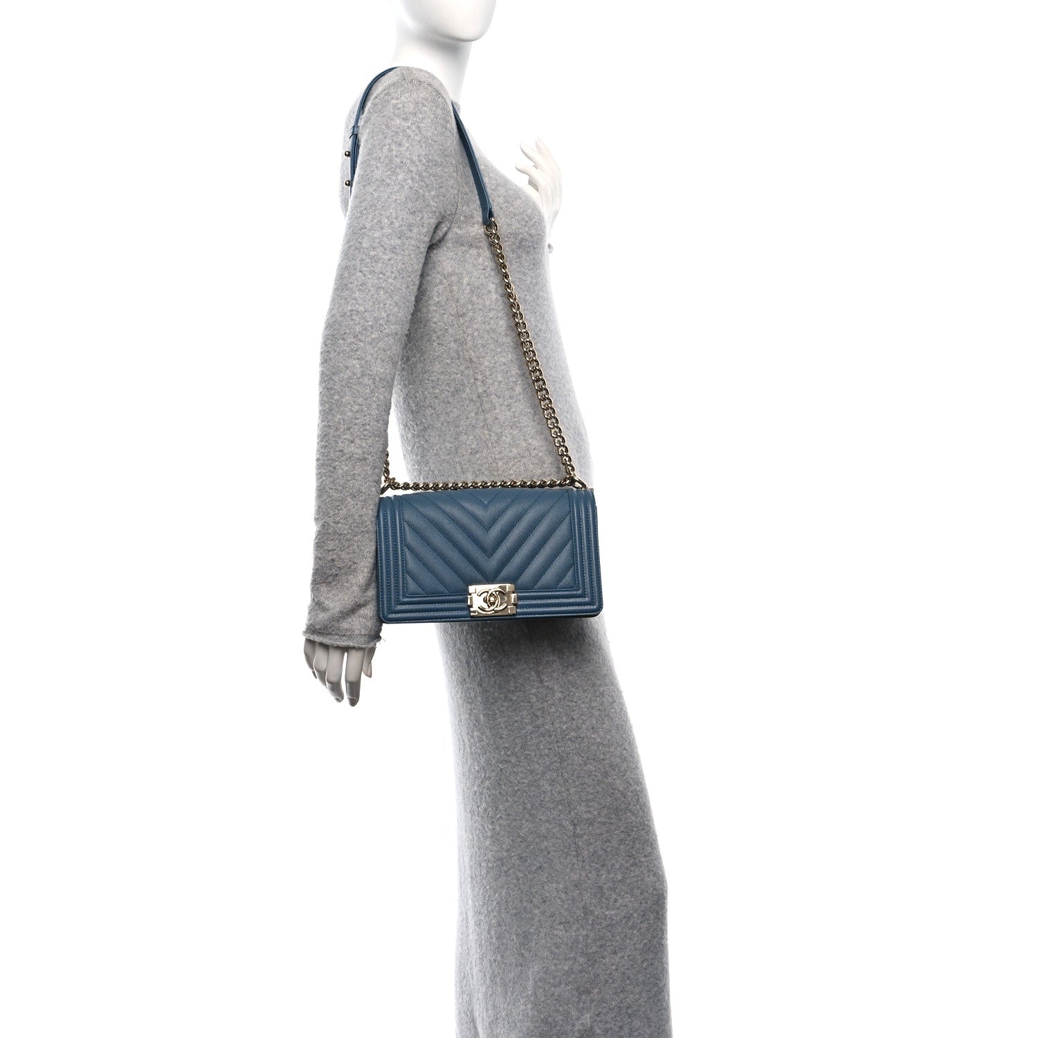 Chanel Caviar Chevron Quilted Medium Boy Flap Blue 2 of 11