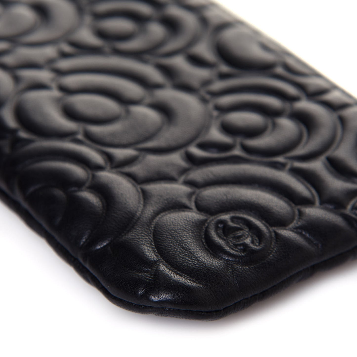 Goatskin Camellia Embossed Cosmetic Pouch Black