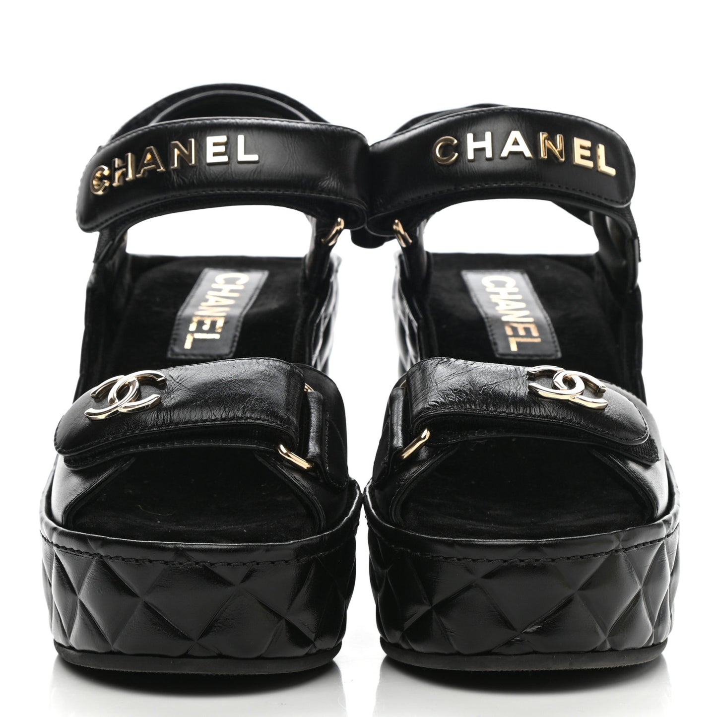 Shiny Calfskin Quilted Wedge Sandals 35 Black
