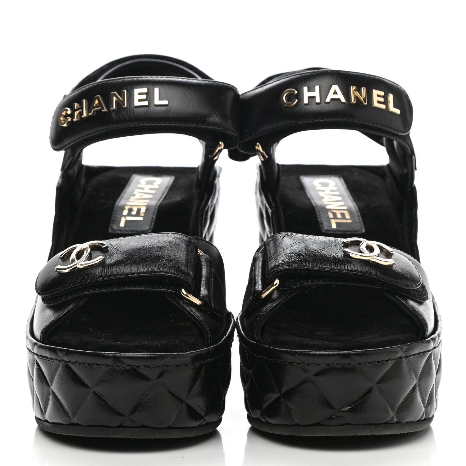 Chanel Shiny Calfskin Quilted Wedge Sandals 35 Black 2 of 8