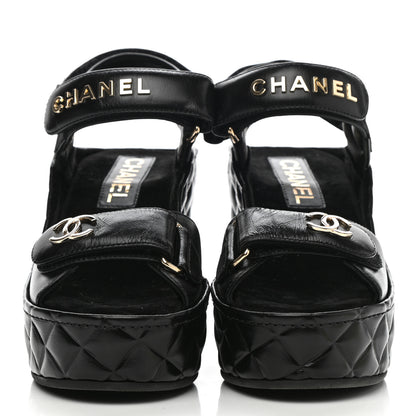 Chanel Shiny Calfskin Quilted Wedge Sandals 35 Black 2 of 8