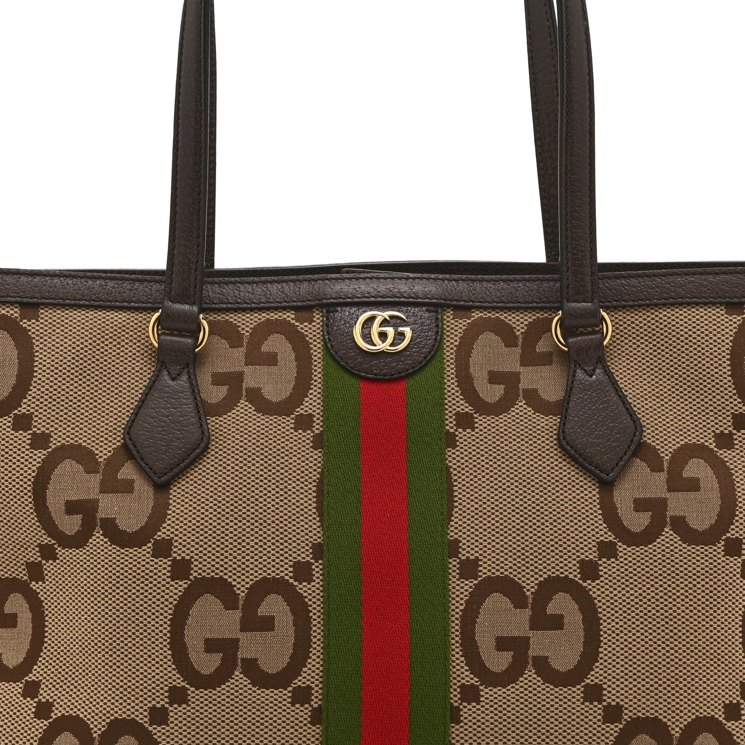 Gucci Monogram Jumbo GG Textured Dollar Calfskin Web Medium Ophidia Shopping Tote Camel Ebony 9 of 11
