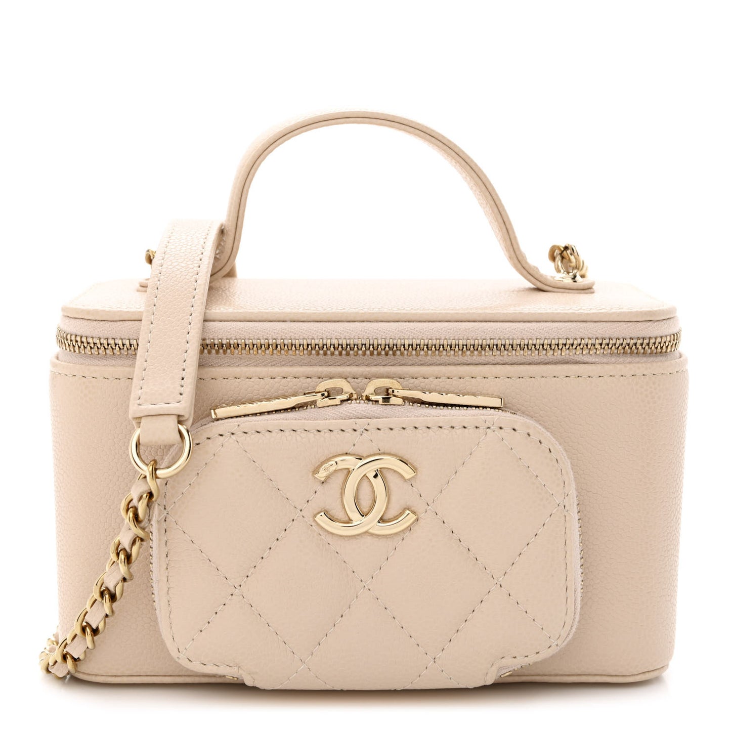 Caviar Quilted Top Handle Pocket Vanity Case Beige