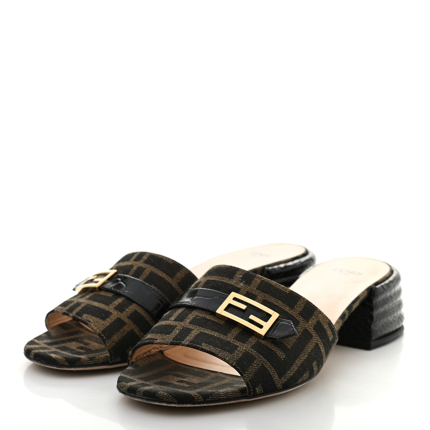 Fendi Jacquard Calfskin FF Crocodile Embossed Promenade Slide Sandals 38.5 Tobacco Moro Black 3 of 8