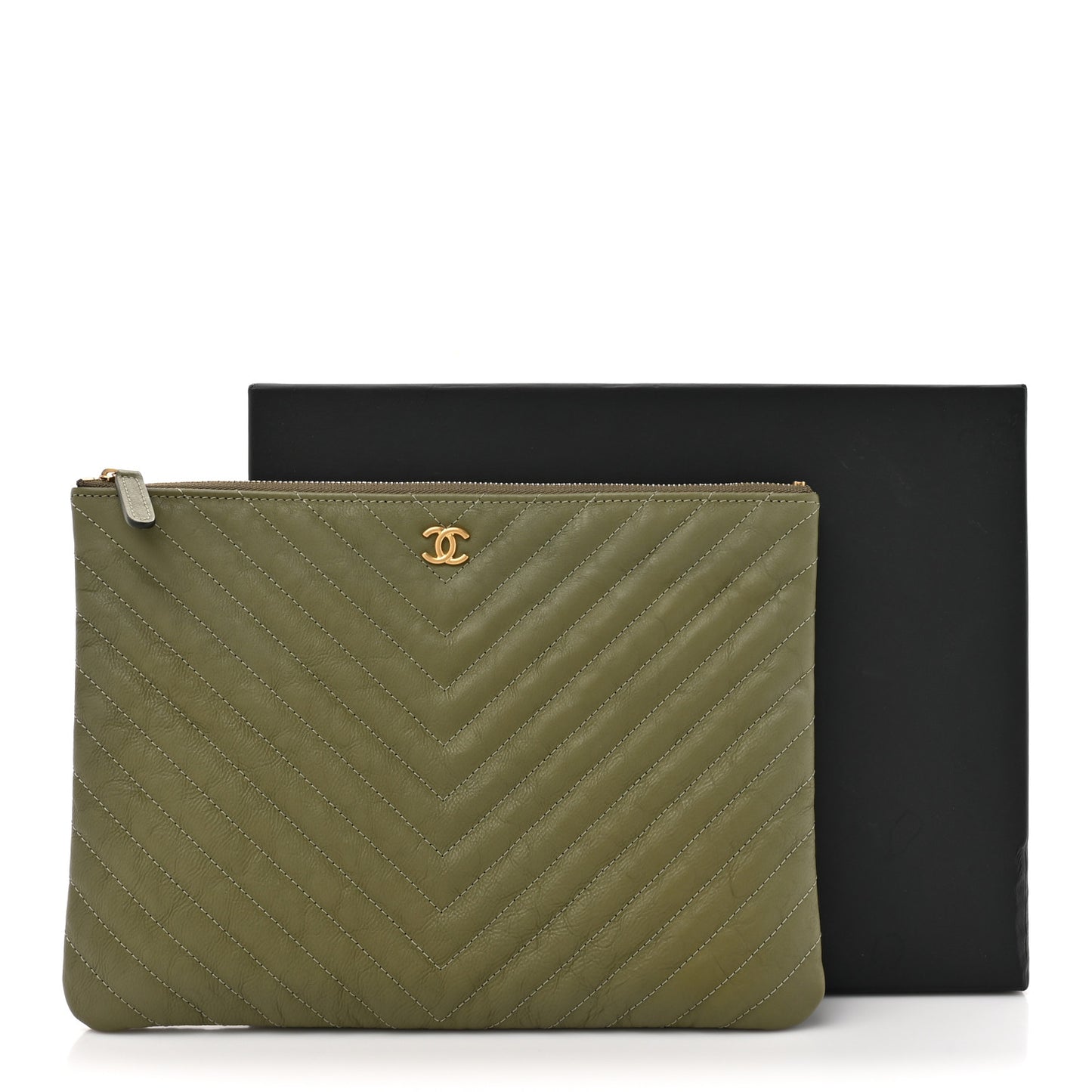 Calfskin Chevron Quilted Medium Cosmetic Case Khaki