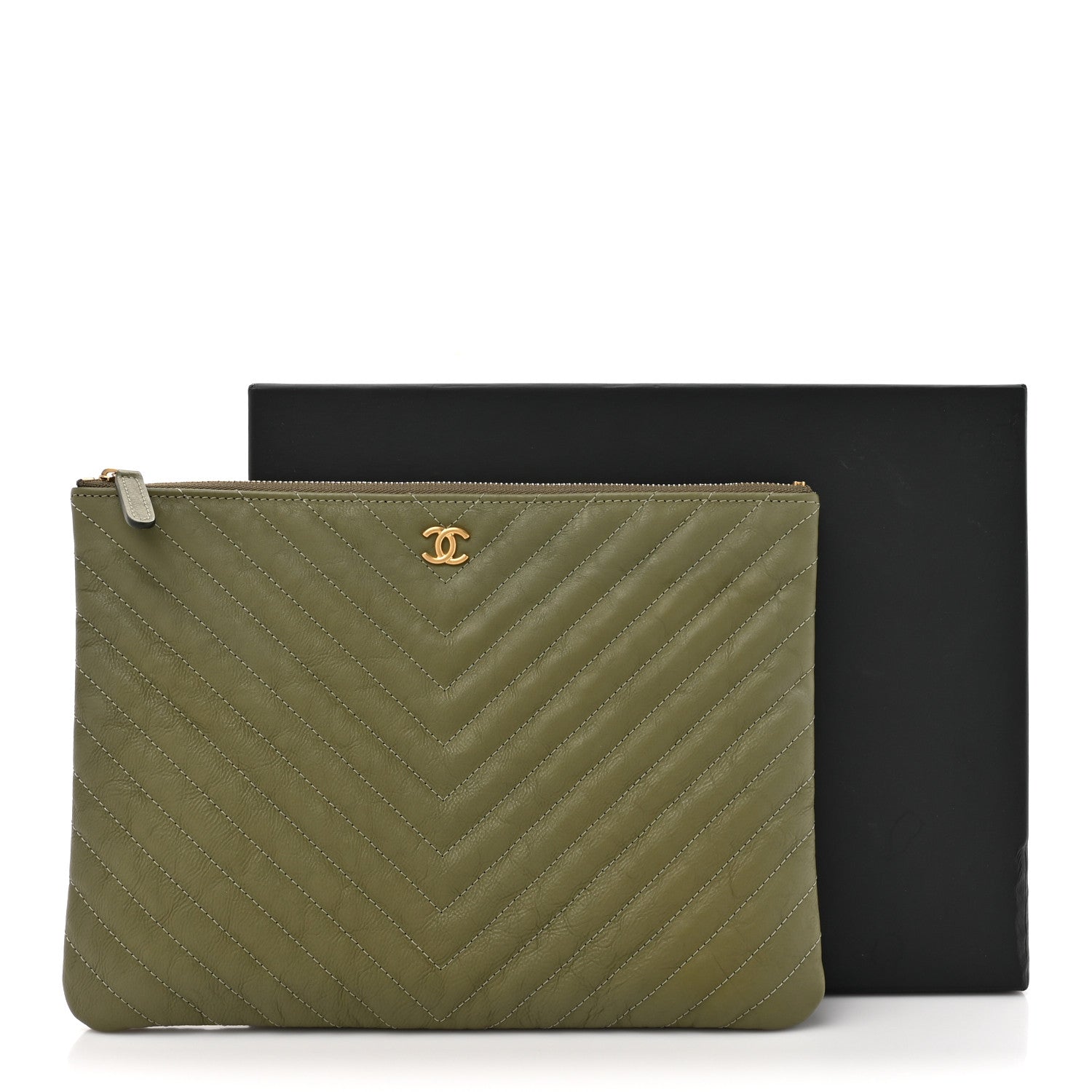 Chanel Calfskin Chevron Quilted Medium Cosmetic Case Khaki 8 of 8