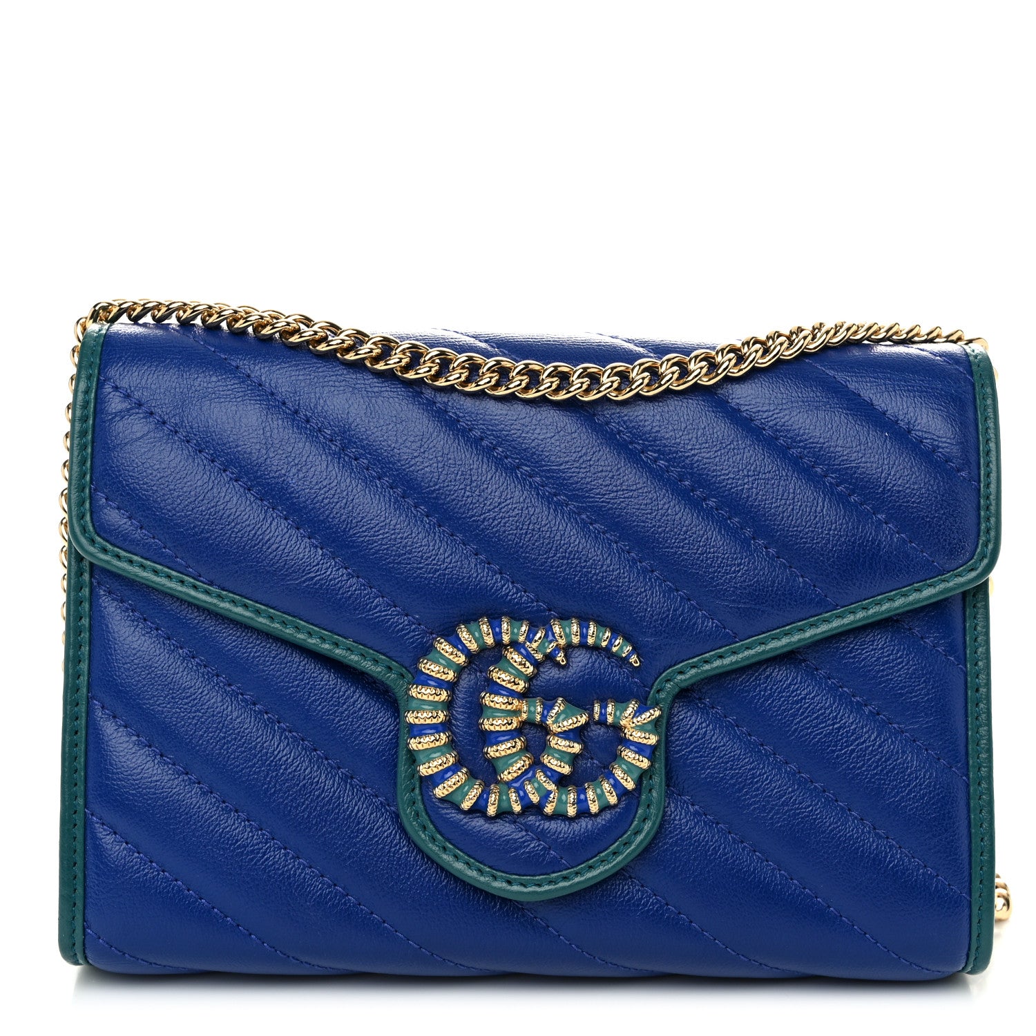 Gucci Azalea Calfskin Enamel Matelasse Diagonal Torchon GG Marmont Chain Wallet Imperial Blue Pavone 1 of 10