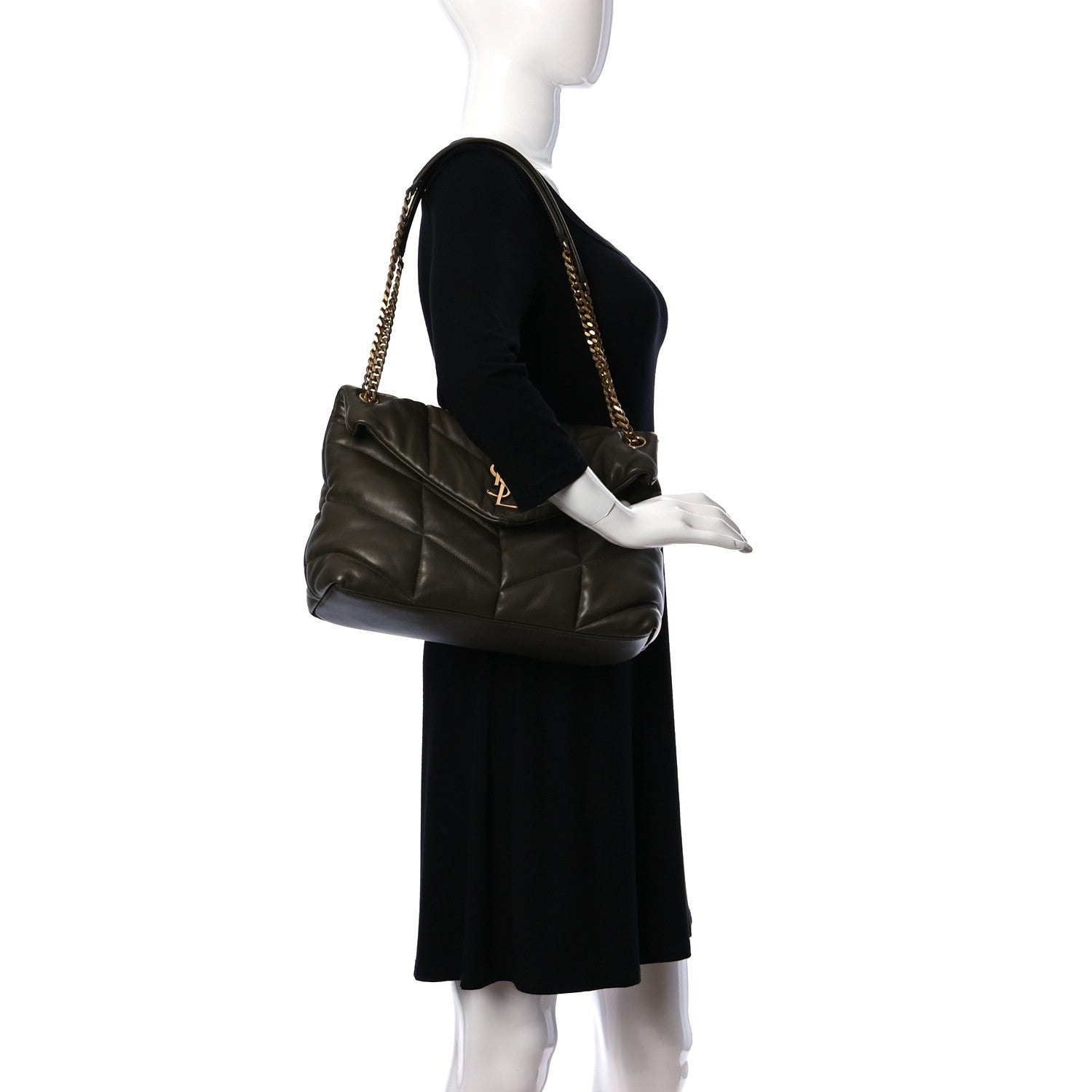 Saint Laurent Lambskin Quilted Medium Loulou Puffer Monogram Chain Satchel Seaweed Green 3 of 8