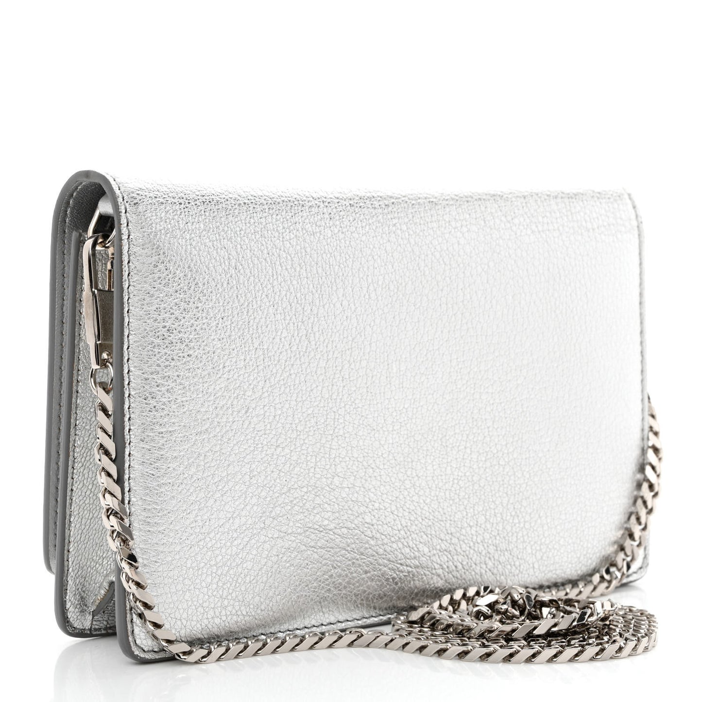 Metallic Calfskin Pandora Chain Wallet Silver
